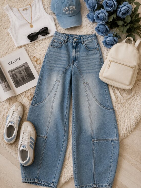 Denimoi Denim - Light Wash Harem Barrel Leg Baggy Jeans Utility Pocket NWT Relaxed Fit Denim